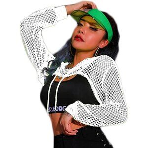 🆕 Women's Orange Polyester Fishnet Mesh Hoodie Crop Top Long Sleeve Shirt